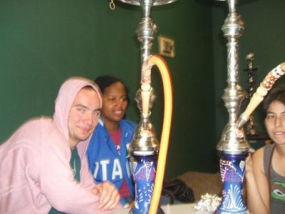 Luke goofin in a nice pink hoody on the hookah night.